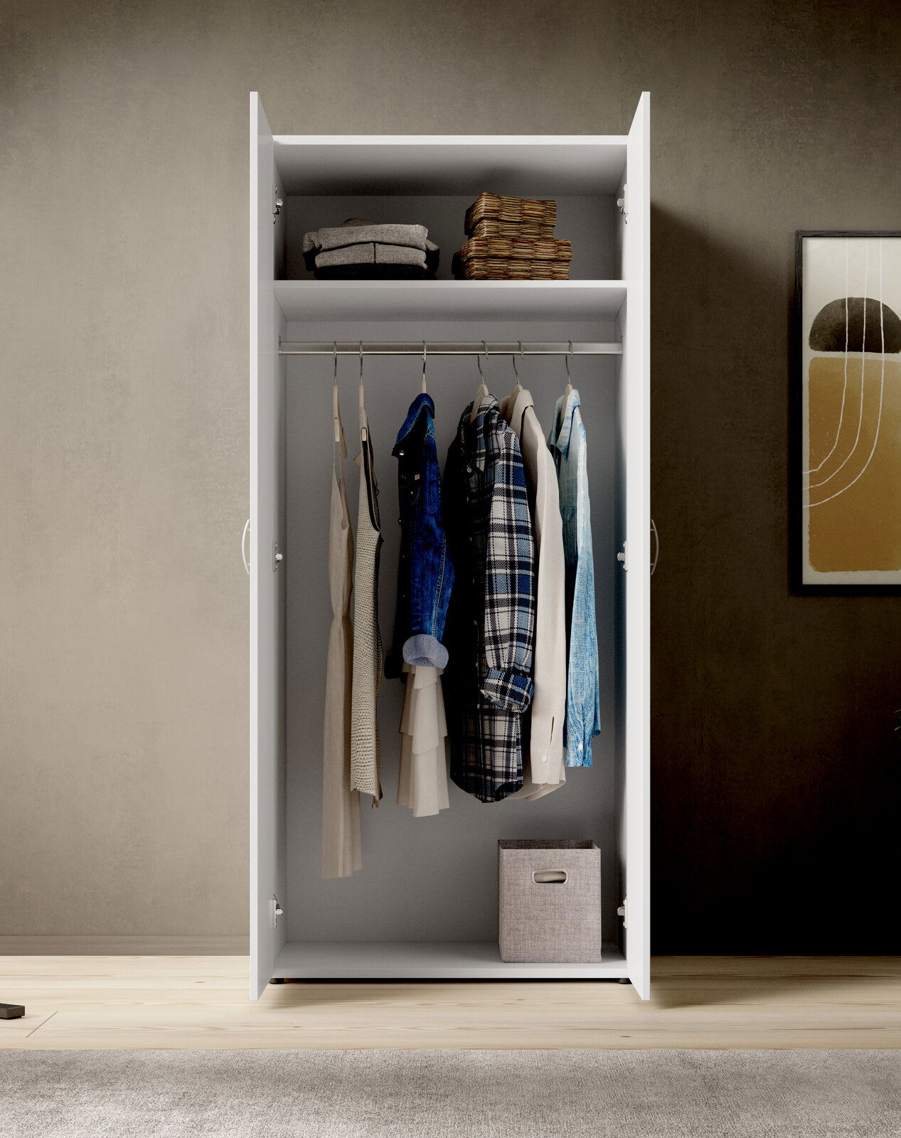 Zweiflügeliger Drehtürenschrank JOE, geöffnet, mit Kleidung und Accessoires, Frontalansicht