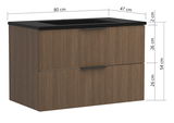 Waschtisch-Set mit zwei Schubladen in Holzoptik, schwarze Oberfläche, Maße 80 cm Breite, 47 cm Tiefe, 54 cm Höhe, seitliche Perspektive