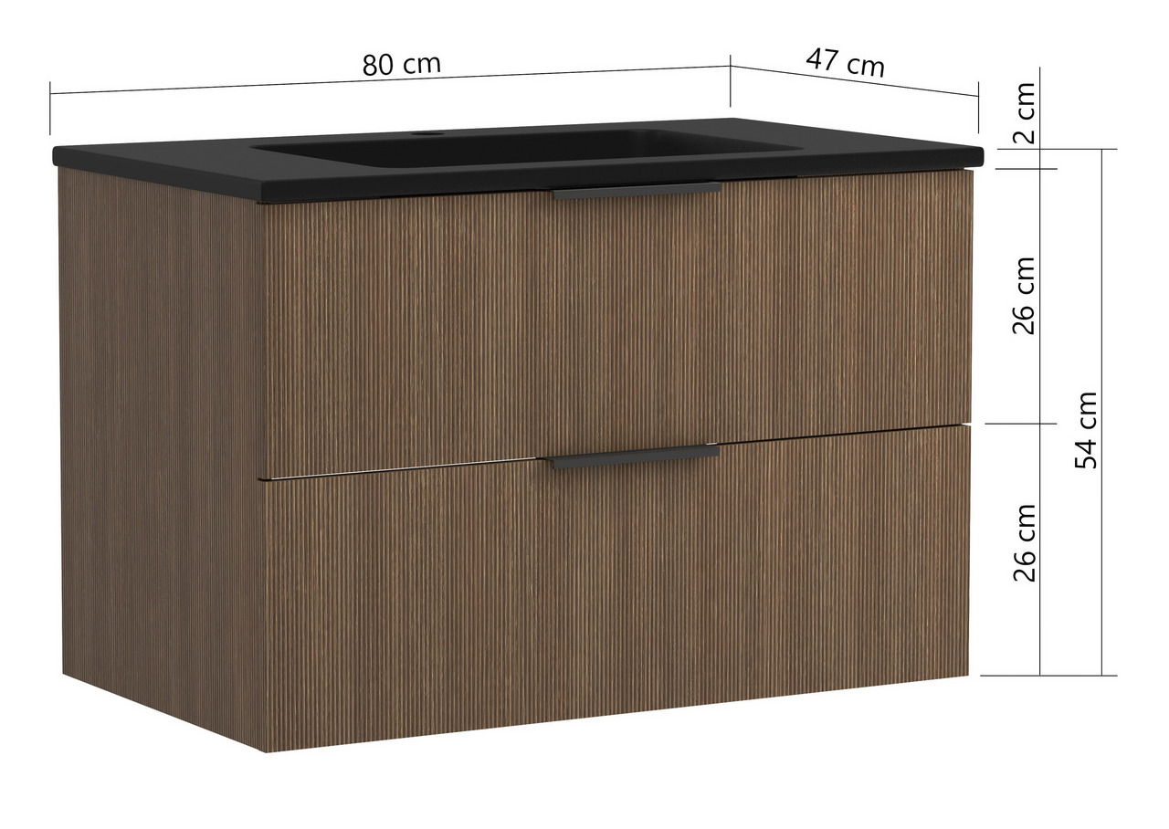 Waschtisch-Set mit zwei Schubladen in Holzoptik, schwarze Oberfläche, Maße 80 cm Breite, 47 cm Tiefe, 54 cm Höhe, seitliche Perspektive