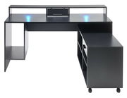 Moderner Gaming-Schreibtisch in L-Form mit blauer LED-Beleuchtung, Schublade und Regalen, Vorderansicht