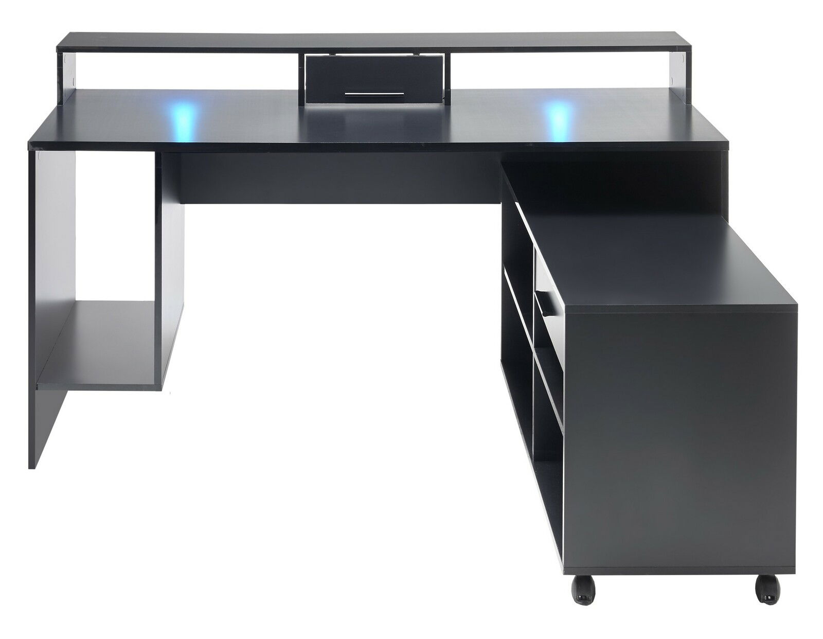 Moderner Gaming-Schreibtisch in L-Form mit blauer LED-Beleuchtung, Schublade und Regalen, Vorderansicht