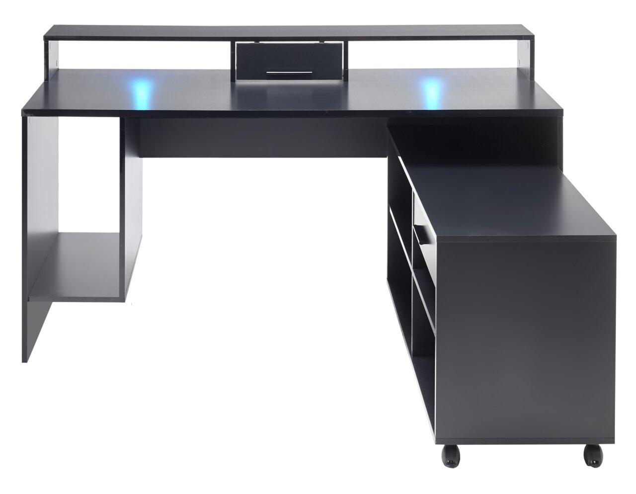 Moderner Gaming-Schreibtisch in L-Form mit blauer LED-Beleuchtung, Schublade und Regalen, Vorderansicht