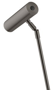 Moderne LED-Tischleuchte in seitlicher Perspektive mit schlankem, verstellbarem Arm und zylindrischem Leuchtenkopf in Metalloptik.