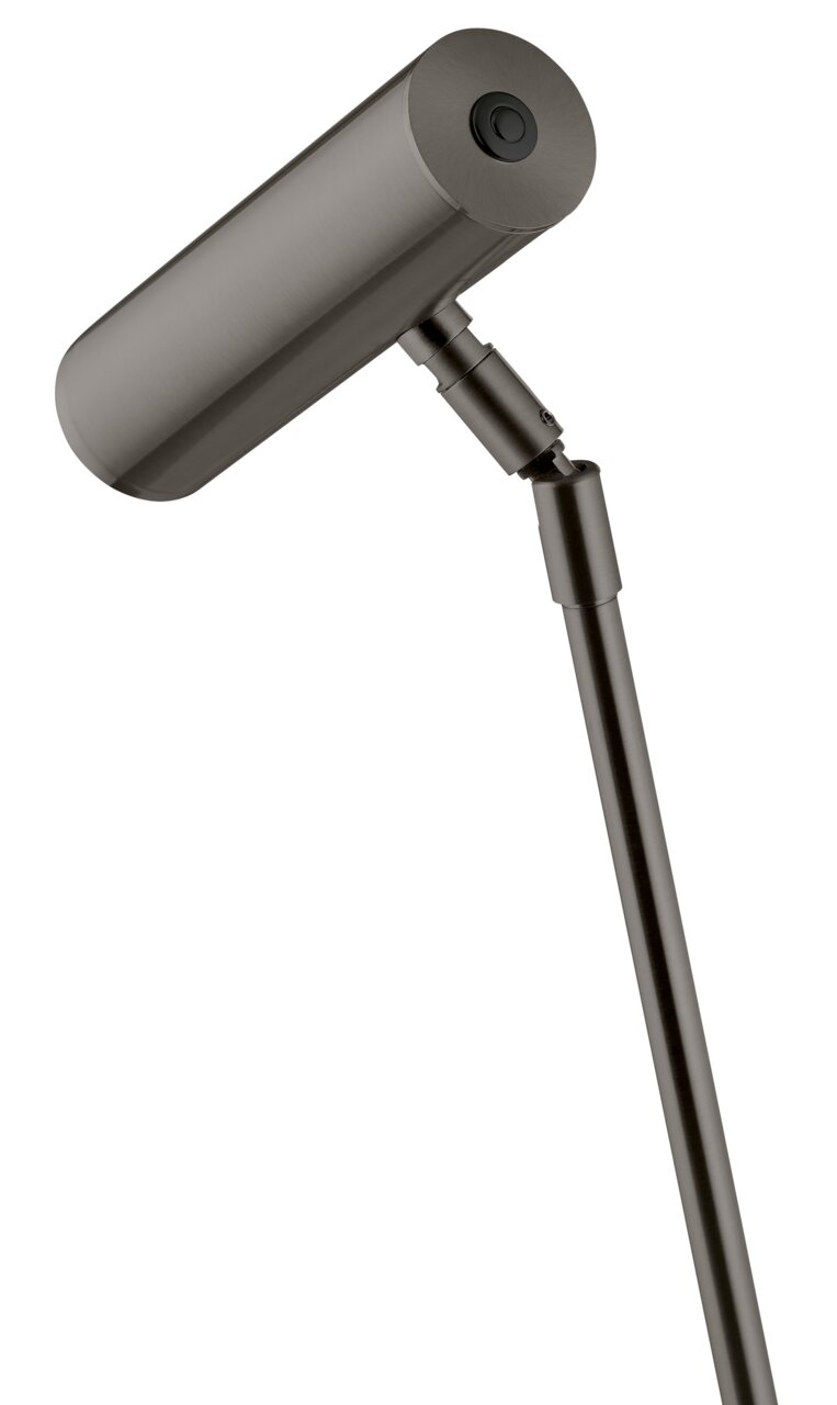 Moderne led-tafellamp in zijaanzicht met een slanke, verstelbare arm en een cilindervormige lampkop in metaallook.