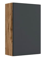 Moderner Hängeschrank mit dunkler Front und Holzseite, seitliche Perspektive