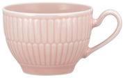 Rosa Espressoobertasse mit geriffeltem Muster, seitliche Perspektive