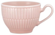Rosa Espressoobertasse mit geriffeltem Muster, seitliche Perspektive