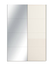 Vooraanzicht van een hoge tweedeurs schuifdeurkast met spiegelpanelen links en crèmekleurige panelen rechts