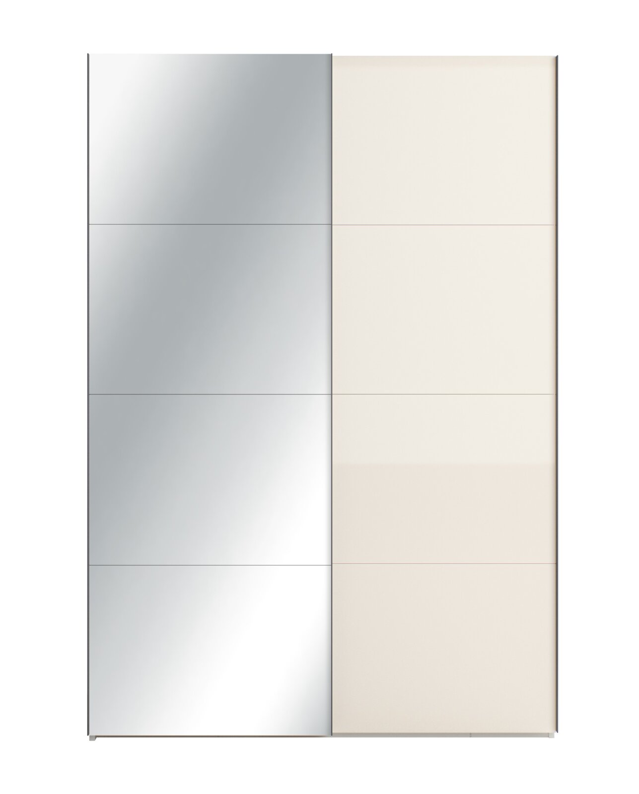 Vooraanzicht van een hoge tweedeurs schuifdeurkast met spiegelpanelen links en crèmekleurige panelen rechts