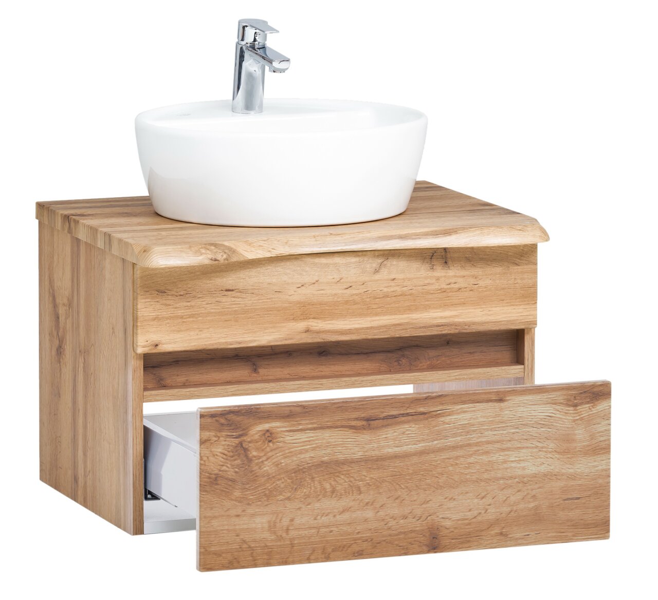 Houten wastafelcombinatie met witte opzetwastafel en open lade, vooraanzicht