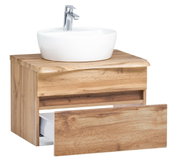 Houten wastafelcombinatie met witte opzetwastafel en open lade, vooraanzicht