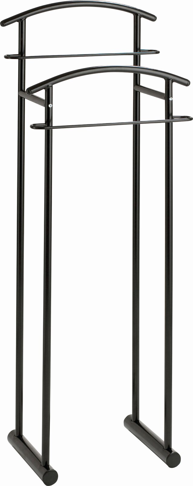 Schwarzer Herrendiener aus Metall mit zwei Kleiderstangen, frontal abgebildet.