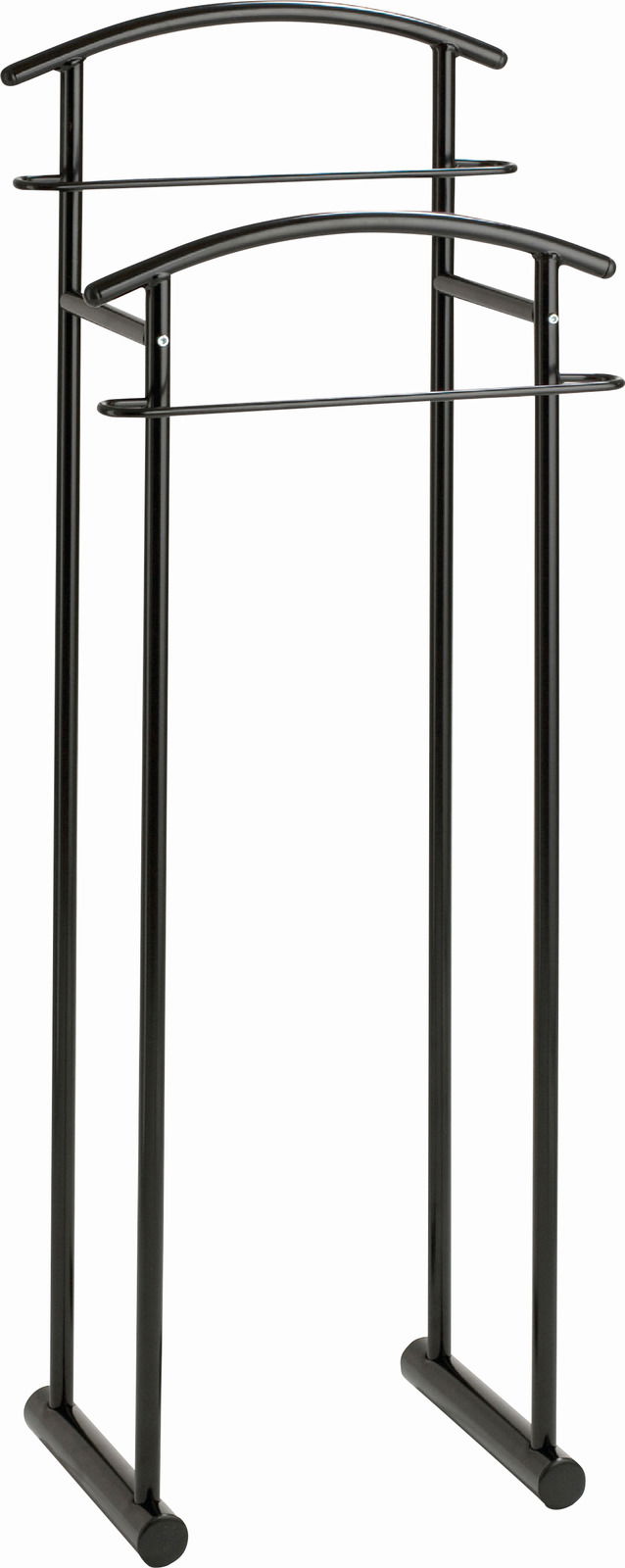 Schwarzer Herrendiener aus Metall mit zwei Kleiderstangen, frontal abgebildet.