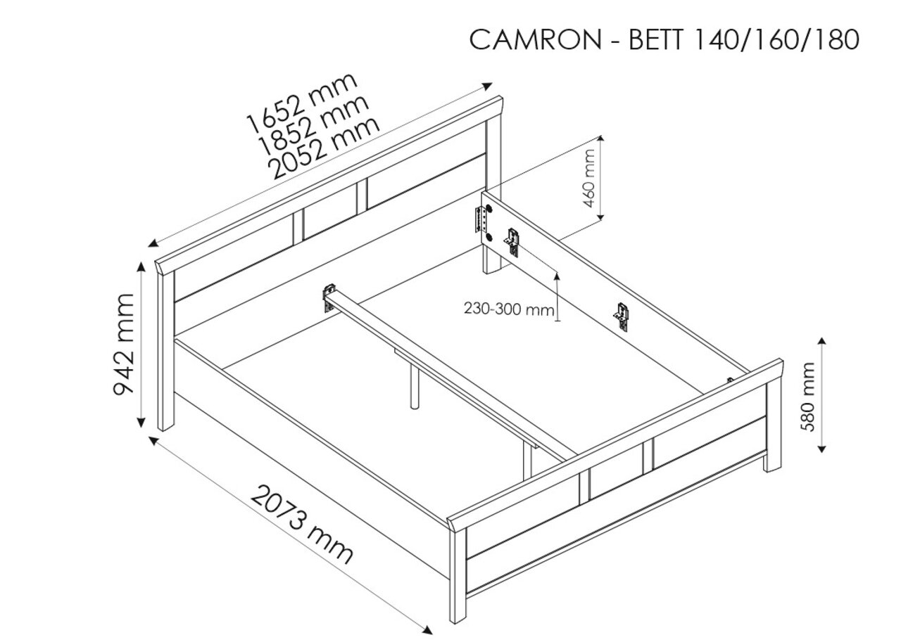 Isometrische Zeichnung eines Bettes mit den Maßen 180x200 cm, zeigt die Seiten- und Vorderansicht mit detaillierten Abmessungen.