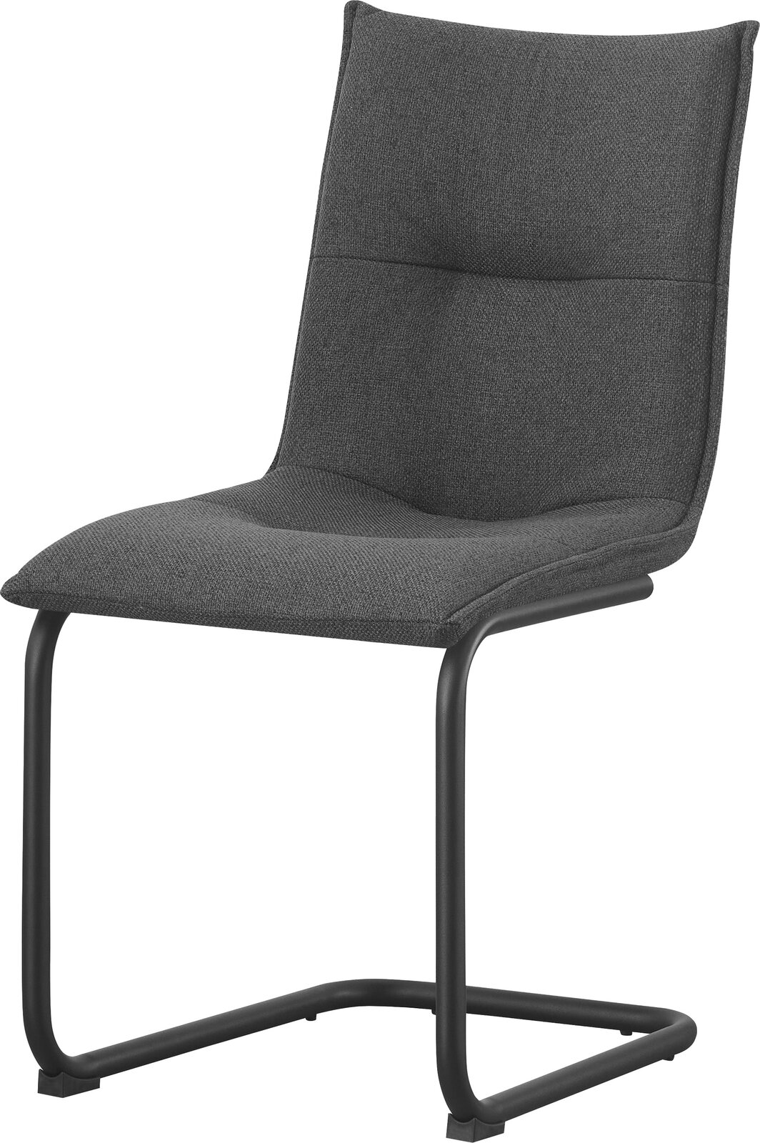 Gepolsterter Esszimmerstuhl in Dunkelgrau mit Stoffbezug und schwarzem Metall-Schwinggestell, freigestellt auf weißem Hintergrund, Ansicht schräg von vorne