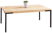 Moderner Couchtisch mit Holzplatte und schwarzen Metallbeinen, seitliche Perspektive