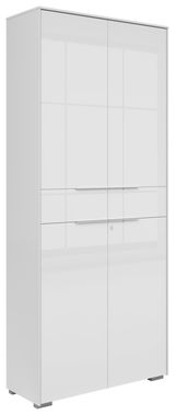 Weißer, zweitüriger Aktenschrank in Frontalansicht mit modernen Griffen und schlichter Optik.