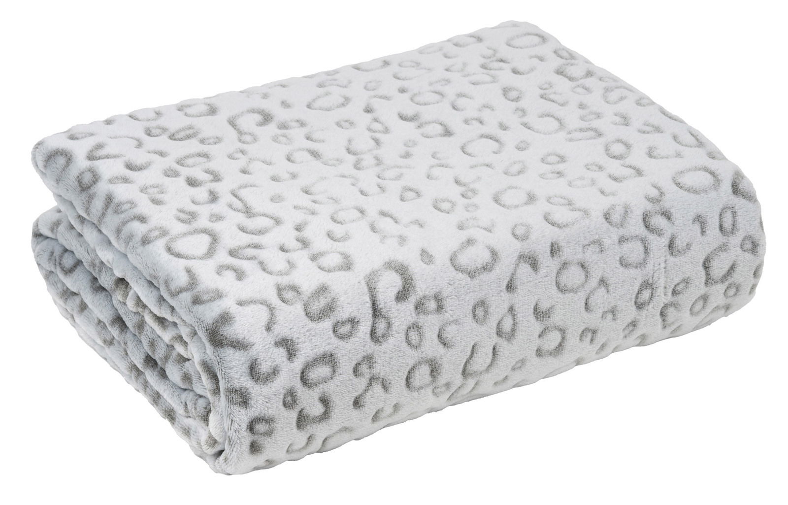 Gefaltete graue Wohndecke mit dezentem Leopardenmuster, seitliche Perspektive