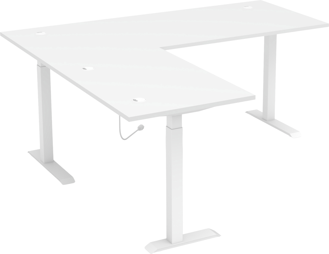 Weißer Eckschreibtisch mit höhenverstellbaren Beinen, seitliche Perspektive