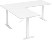 Weißer Eckschreibtisch mit höhenverstellbaren Beinen, seitliche Perspektive