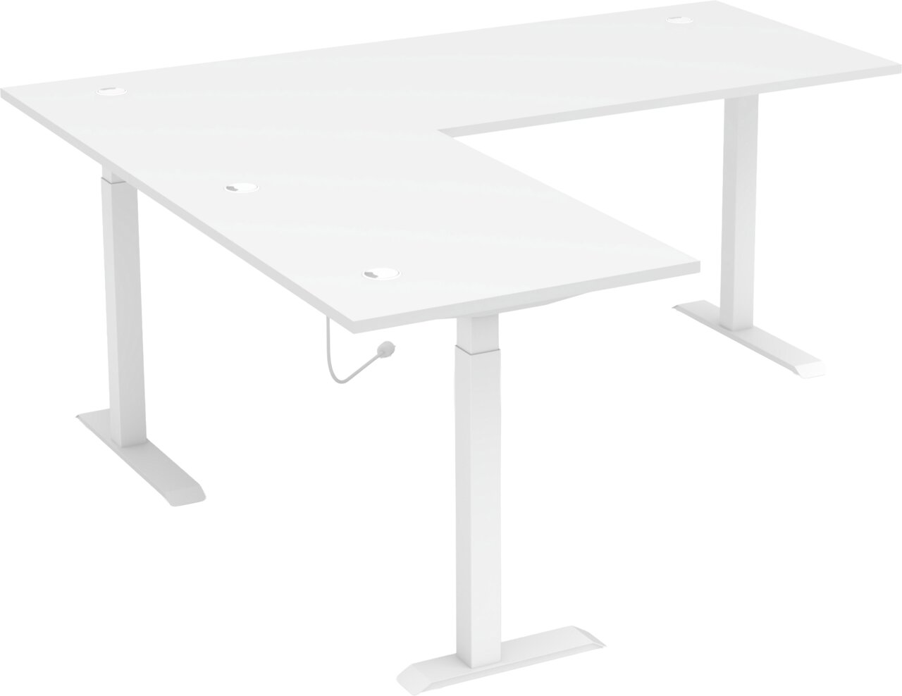 Weißer Eckschreibtisch mit höhenverstellbaren Beinen, seitliche Perspektive