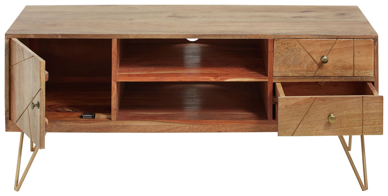 TV-Lowboard aus Holz mit offenen Fächern, einer Tür und zwei Schubladen, frontal betrachtet.