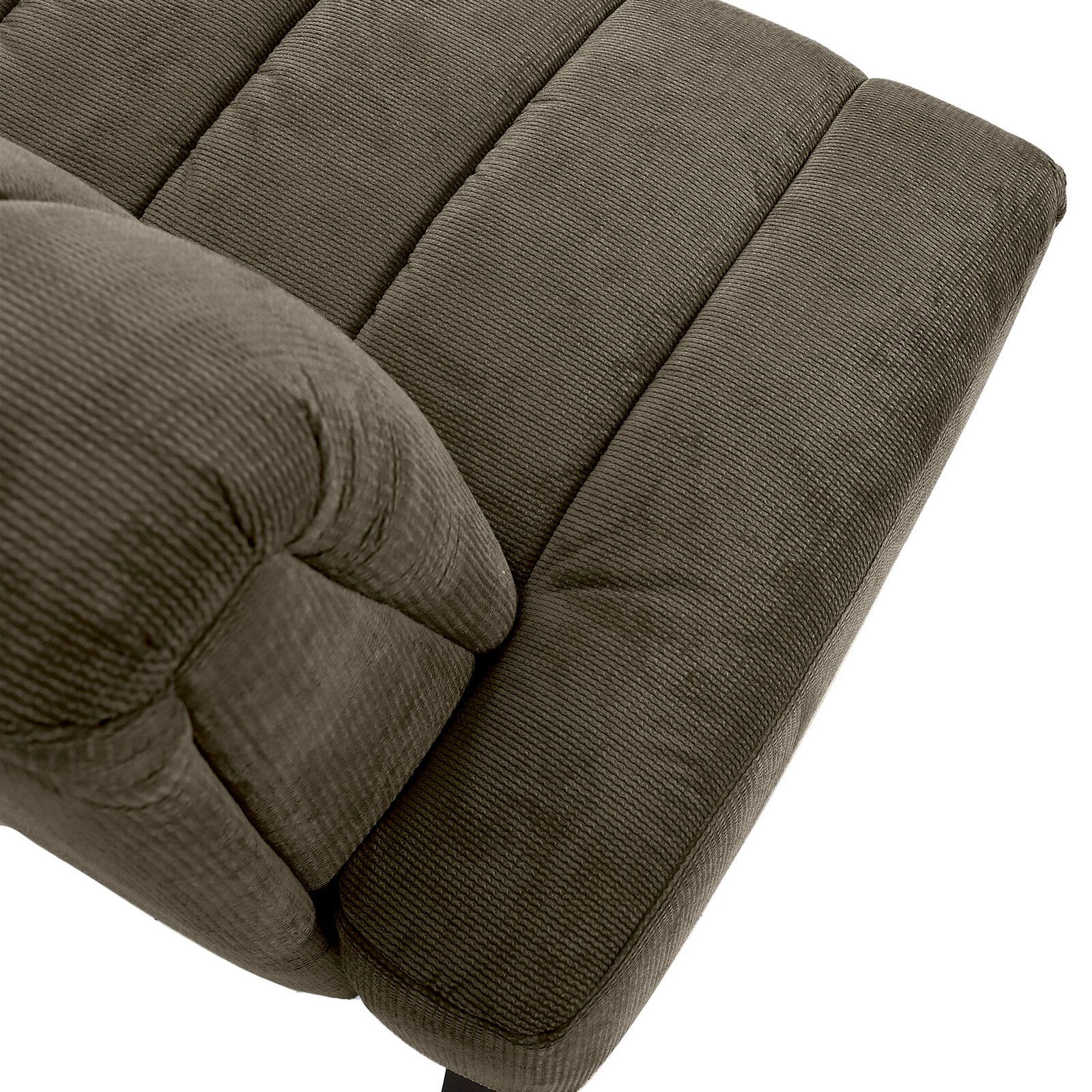 Nahaufnahme einer olivgrünen 2,5er-Sitzbank aus Cordstoff, von oben betrachtet.