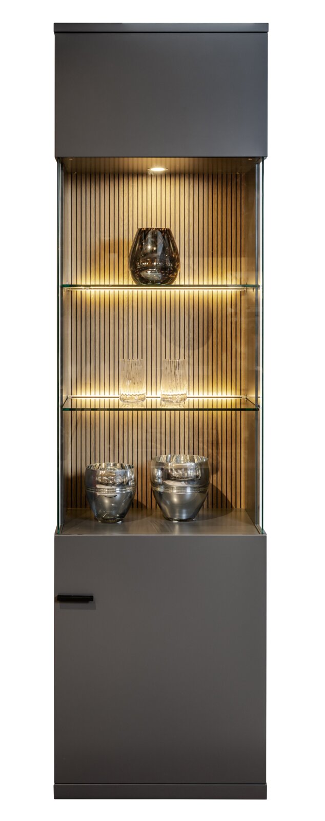 Moderne Vitrine mit Glasregalen und Beleuchtung, frontal betrachtet.