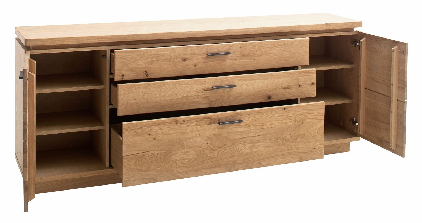 Holz-Sideboard mit drei offenen Schubladen und zwei offenen Türen, seitliche Perspektive