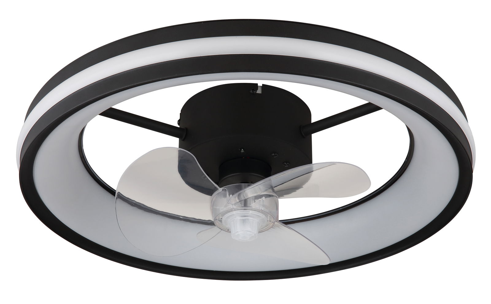 Moderner Deckenventilator mit transparenten Flügeln und schwarzem Gehäuse, seitliche Perspektive