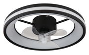 Moderner Deckenventilator mit transparenten Flügeln und schwarzem Gehäuse, seitliche Perspektive
