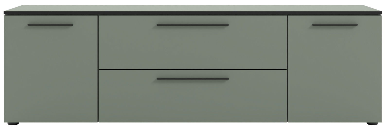 TV-Lowboard in grauer Farbe mit zwei Türen und einer Schublade, frontale Ansicht