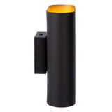 Schwarze zylindrische Wandleuchte Lucide OVALIS mit goldener Innenseite, seitliche Perspektive
