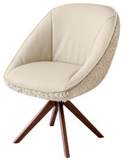 Beiger Armlehnstuhl mit Holzbeinen, seitliche Perspektive