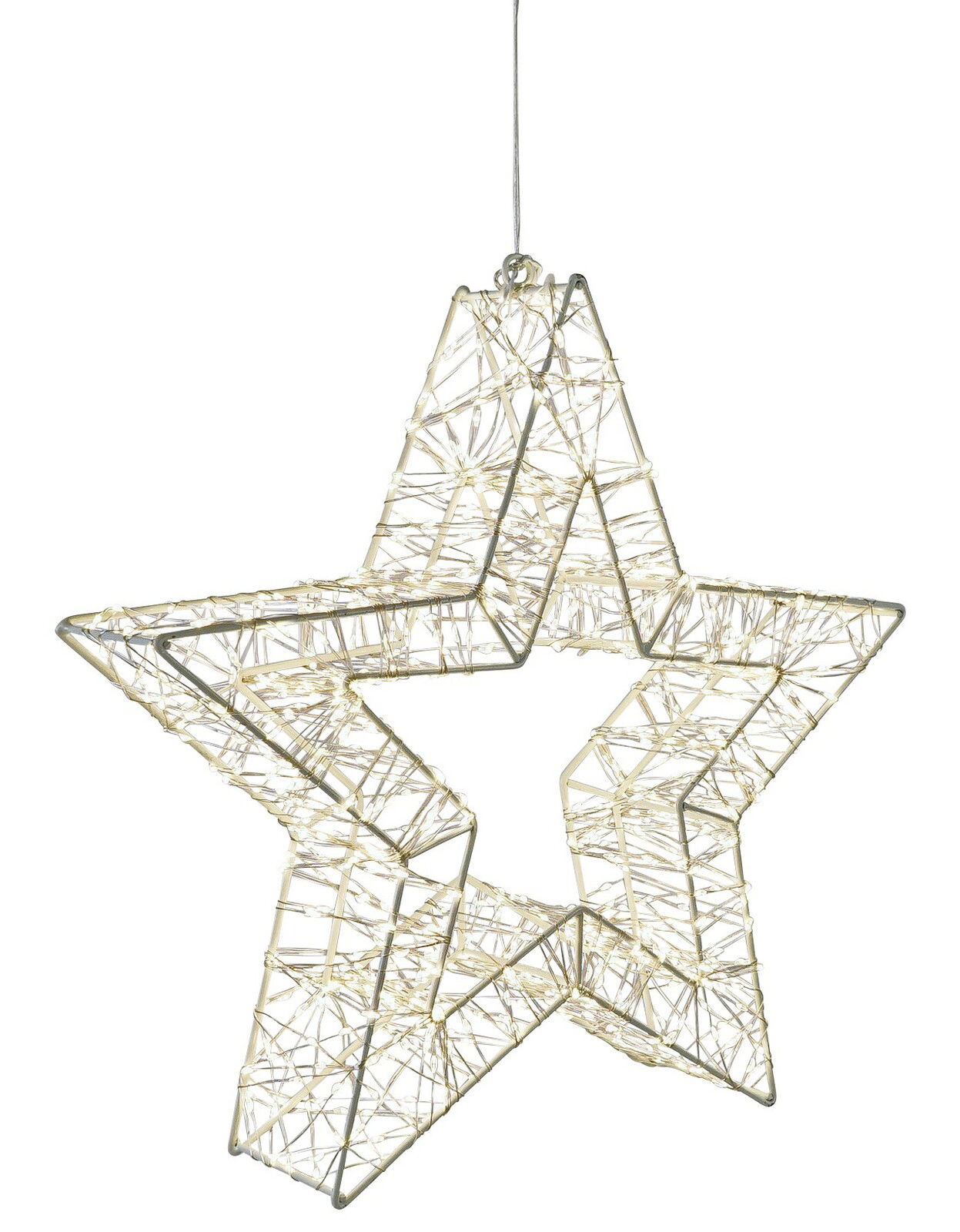 Hängender LED-Stern mit 960 LEDs, seitliche Perspektive, 8x38cm, leuchtend in warmem Weiß.