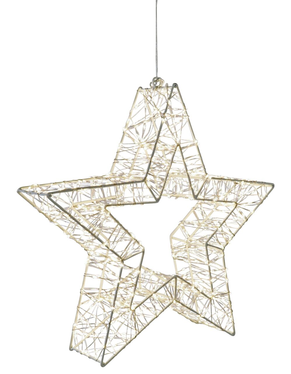 Hängender LED-Stern mit 960 LEDs, seitliche Perspektive, 8x38cm, leuchtend in warmem Weiß.