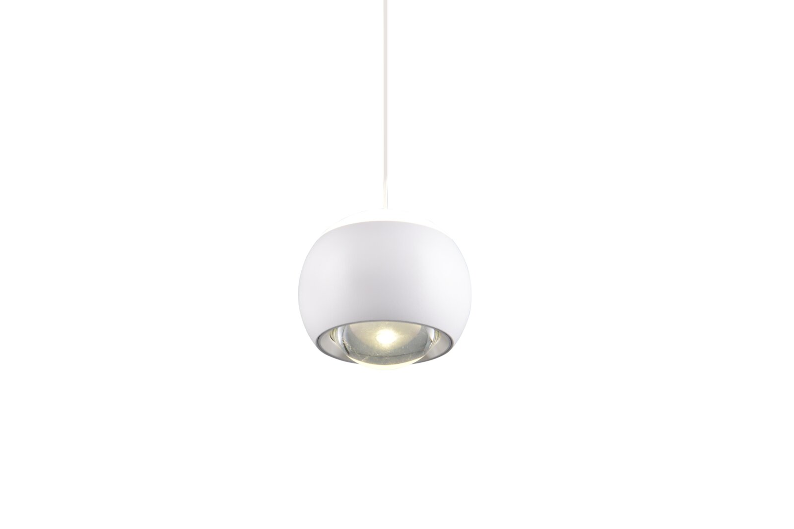 Moderne witte hanglamp in bolvorm, gezien van onderaf