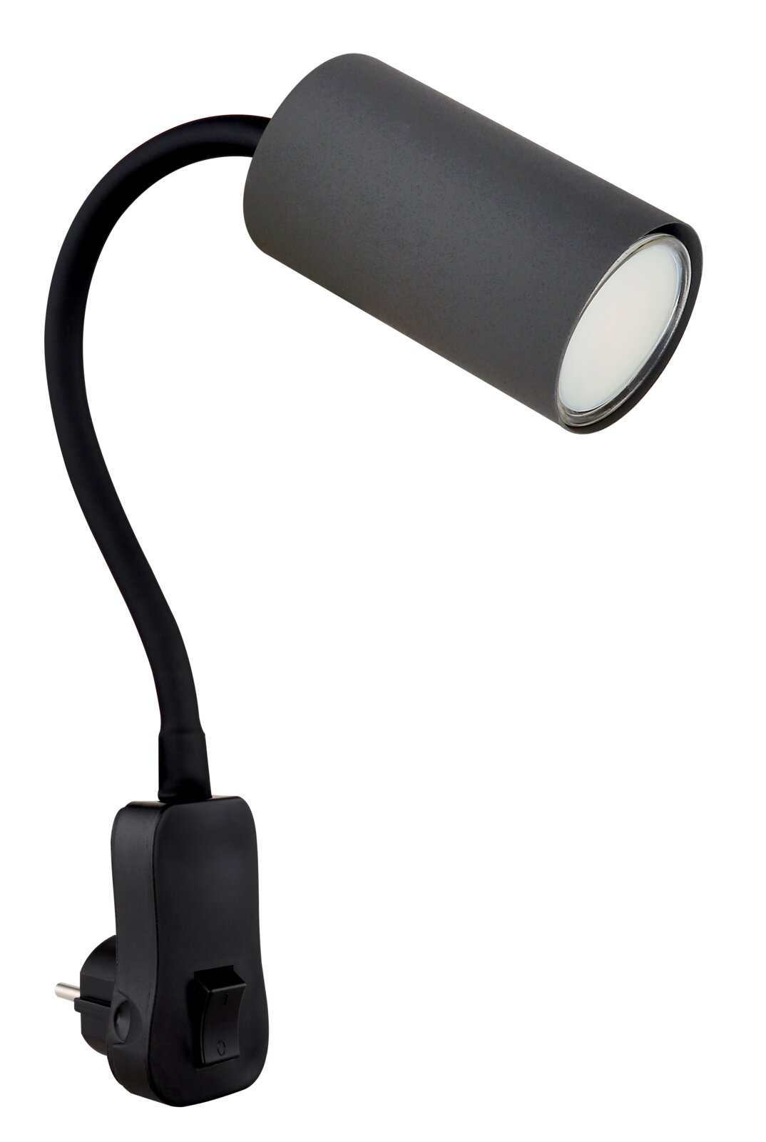 Moderne schwarze Wandleuchte mit flexiblem Arm und Schalter, seitliche Perspektive