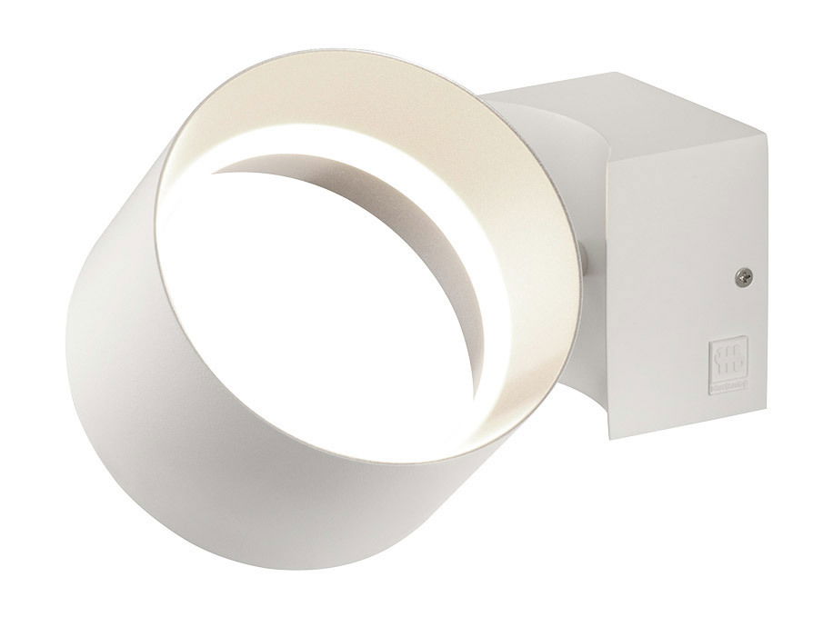 Moderne weiße Wandleuchte LOOP mit rundem, schwenkbarem Design, seitliche Perspektive