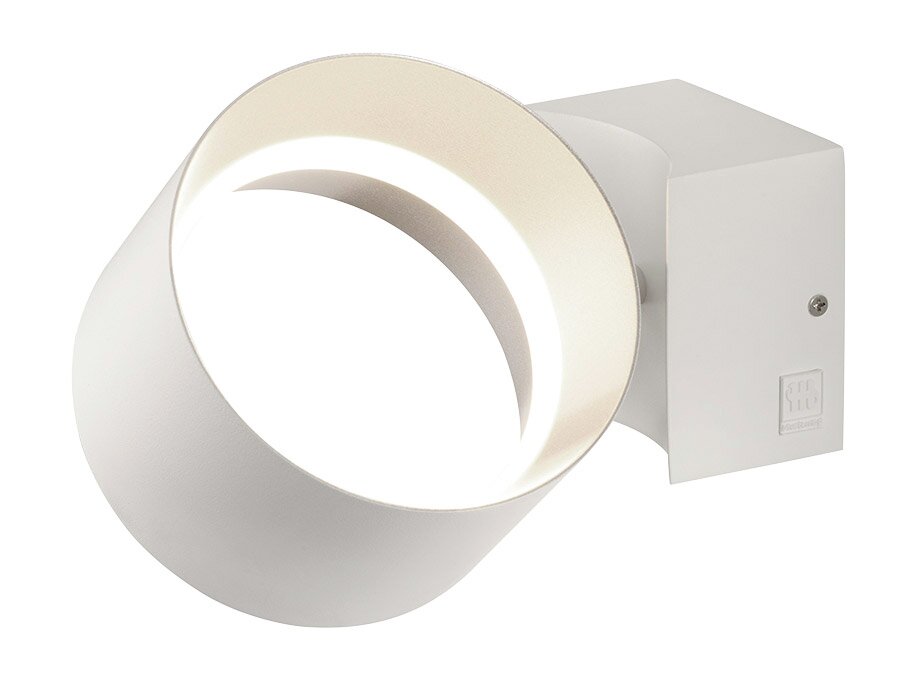 Moderne weiße Wandleuchte LOOP mit rundem, schwenkbarem Design, seitliche Perspektive
