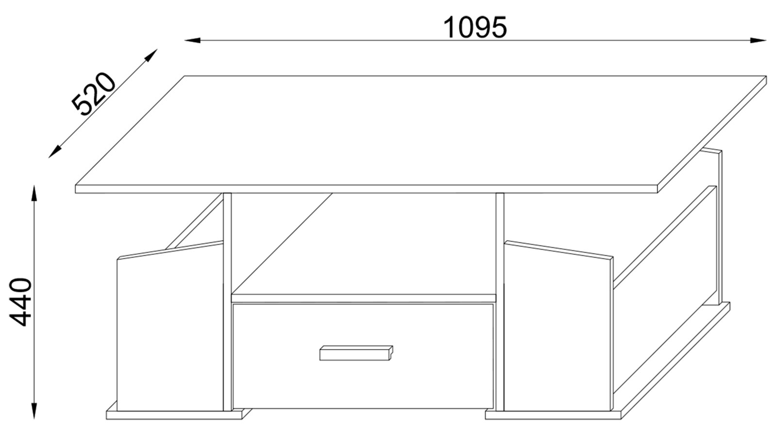 Technische Strichzeichnung eines rechteckigen Couchtischs mit Ablage und Schublade, Maße ca. 1095 x 520 x 440 mm, dargestellt in schräger Vorderansicht (Perspektive von vorne oben).