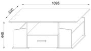 Technische Strichzeichnung eines rechteckigen Couchtischs mit Ablage und Schublade, Maße ca. 1095 x 520 x 440 mm, dargestellt in schräger Vorderansicht (Perspektive von vorne oben).