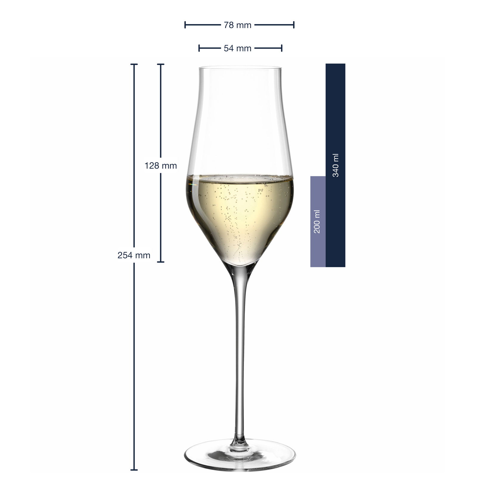 Champagnerglas Brunelli 340ml, Seitenansicht mit Maßangaben
