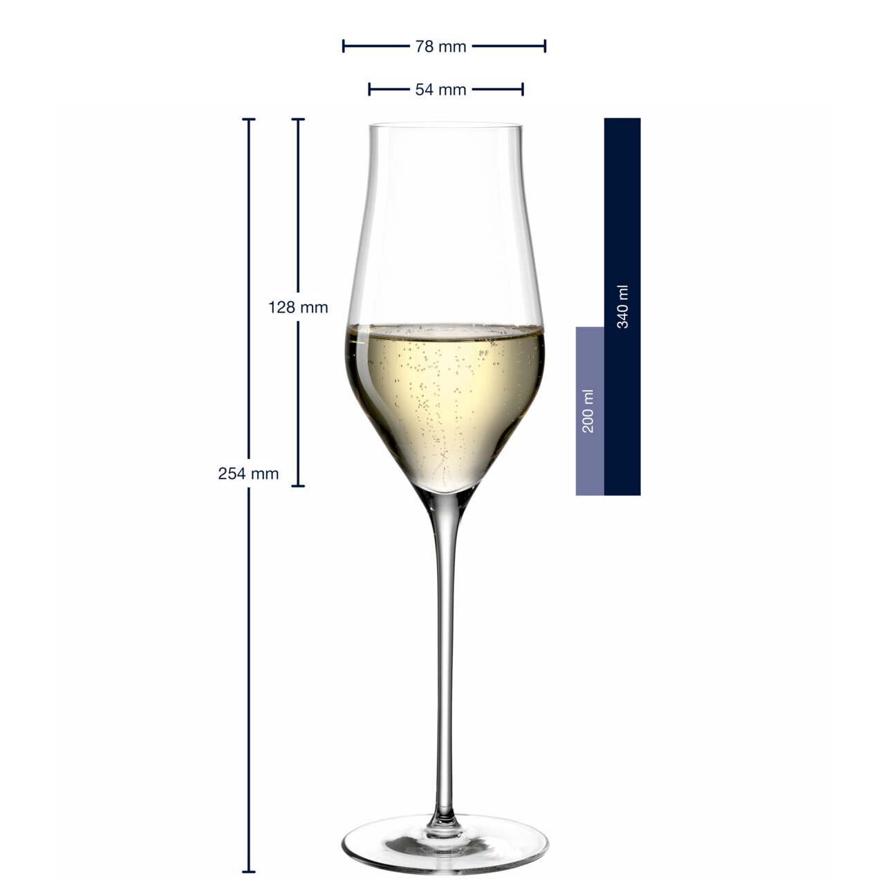 Champagneglas Brunelli 340 ml, zijaanzicht met afmetingen