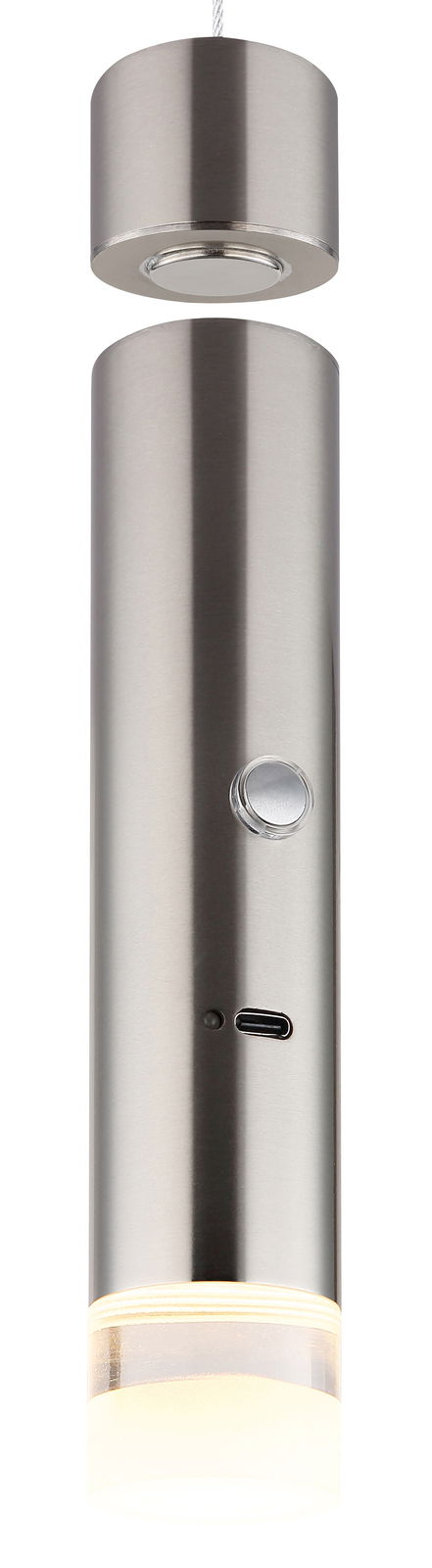 Moderne Akku-Pendelleuchte aus Metall in zylindrischer Form, seitliche Ansicht mit sichtbarem Knopf und USB-Anschluss.