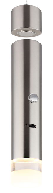 Moderne Akku-Pendelleuchte aus Metall in zylindrischer Form, seitliche Ansicht mit sichtbarem Knopf und USB-Anschluss.