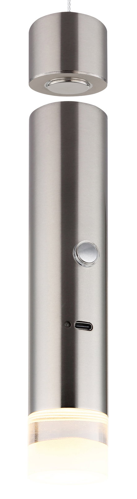 Moderne Akku-Pendelleuchte aus Metall in zylindrischer Form, seitliche Ansicht mit sichtbarem Knopf und USB-Anschluss.