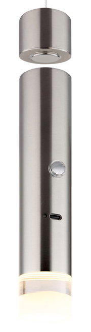 Moderne Akku-Pendelleuchte aus Metall in zylindrischer Form, seitliche Ansicht mit sichtbarem Knopf und USB-Anschluss.