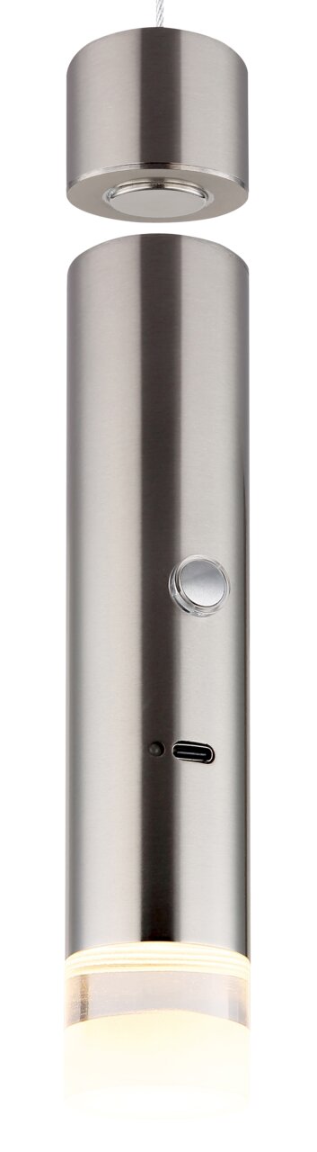 Moderne Akku-Pendelleuchte aus Metall in zylindrischer Form, seitliche Ansicht mit sichtbarem Knopf und USB-Anschluss.