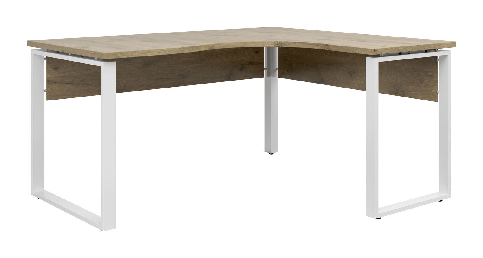 Moderner Eckschreibtisch mit Holzoberfläche und weißen Metallbeinen, seitliche Perspektive